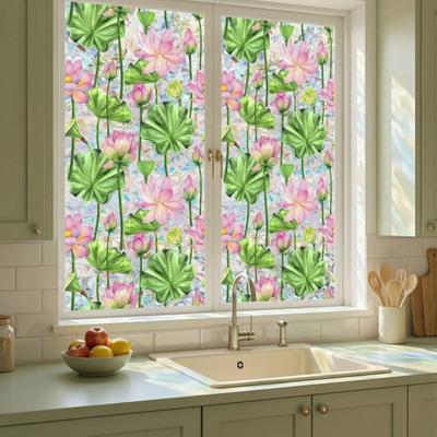 Flower Stained Glass Window Film Lotus Morning Glory Floral Window Cling Removable Decorative Static Sticker UV Blocking Privacy Decals for Living