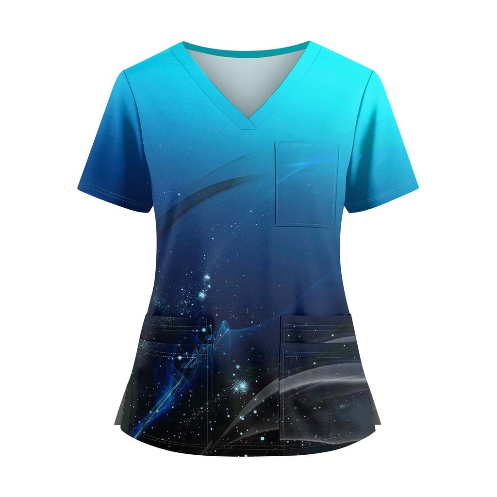 Plus SizePrinted Scrub Working Uniform Tops For Women's Cross V-Neck Halloween Print Short Sleeve Fun T-Shirts Workwear Tee With Pockets