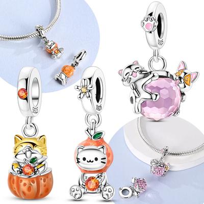 Copper Pink Zircon Orange Cat Original Charms Beads Fit Bracelet Women Jewelry Making Diy Fine Gift Accessories