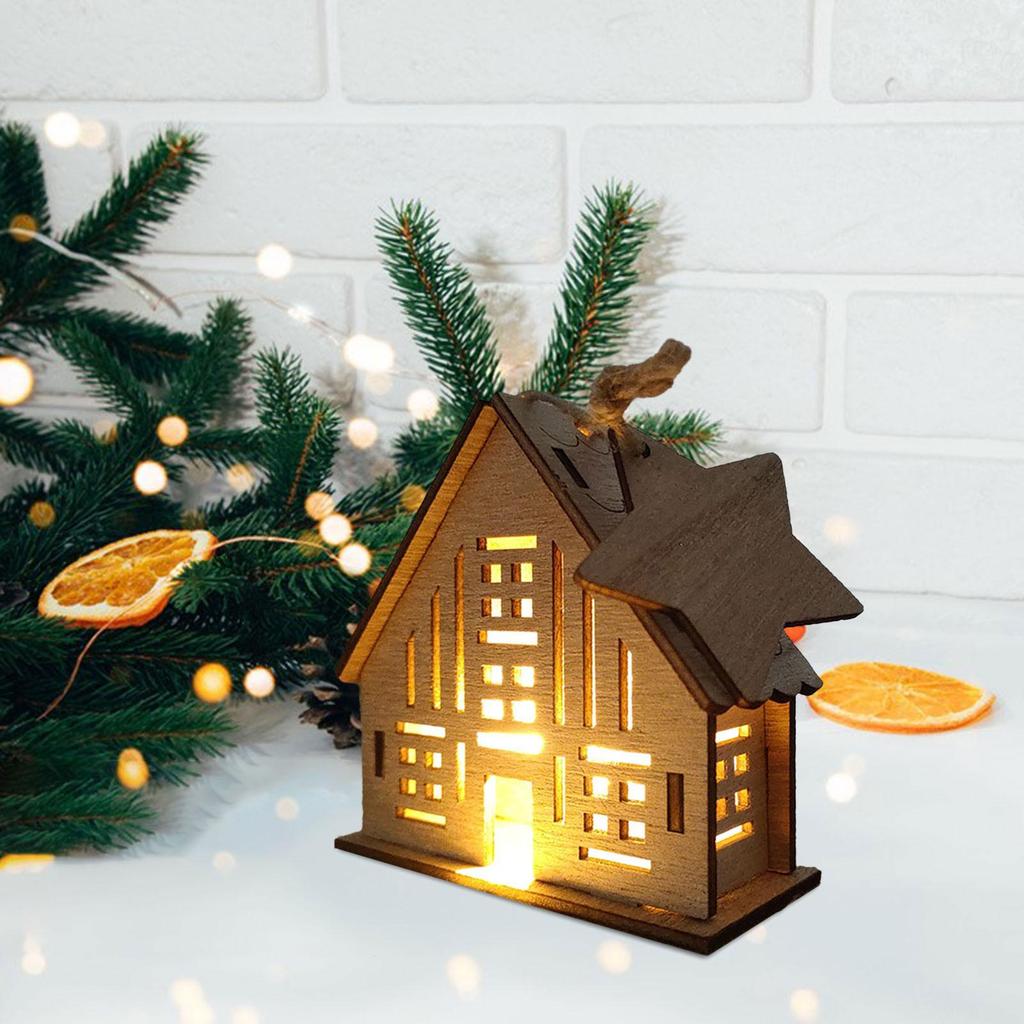 Light up rustic, illuminated Christmas wooden house for home table celebration