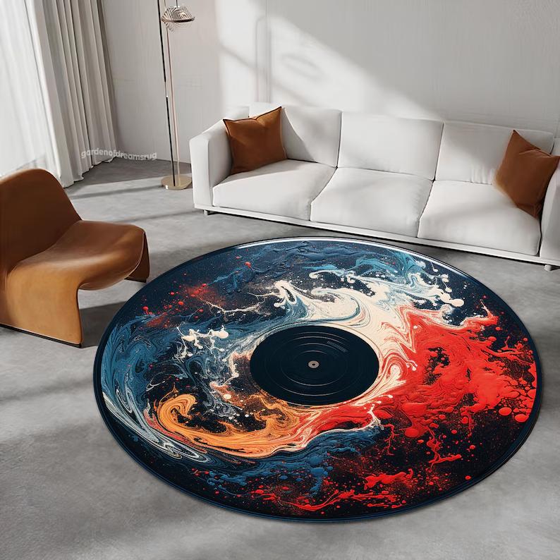 Retro Vinyl Record Round Rug Music Lover Carpet Vintage DJ Room Decor Colorful Man Cave Floor Mat 70s Retro Home Decor
