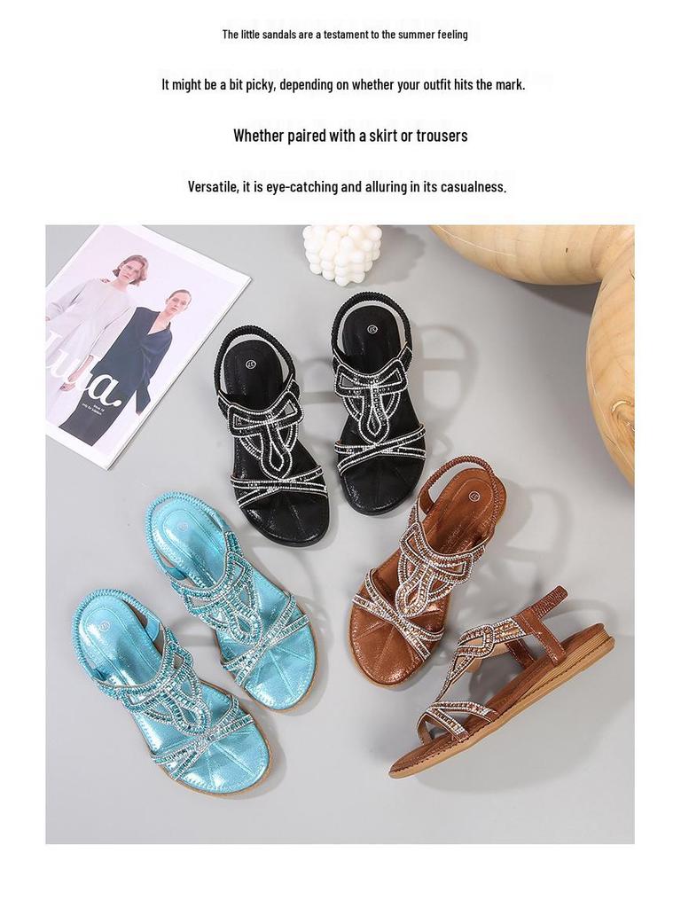 IELTS Run Plus Size Rhinestone Bohemian Sandals - Women's Summer Flat Hollow-Out Shoes