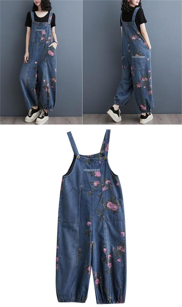 Mouhoukyo Denim Cute Floral Loose Size Women's Overalls, Jumpsuit, Wide-leg Pants, Print, Casual, Fit, Flattering, Spring/Autumn (Color shown, M)