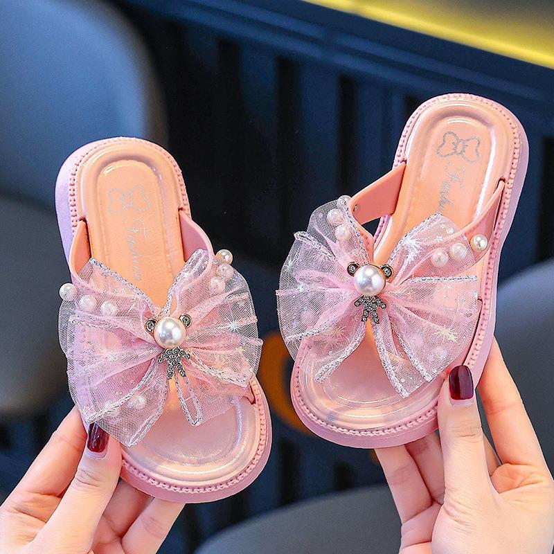Girls Lace Mesh Slippers Summer New Girls Soft Sole Pearl Bao Head Princess Shoes Girls Sandals