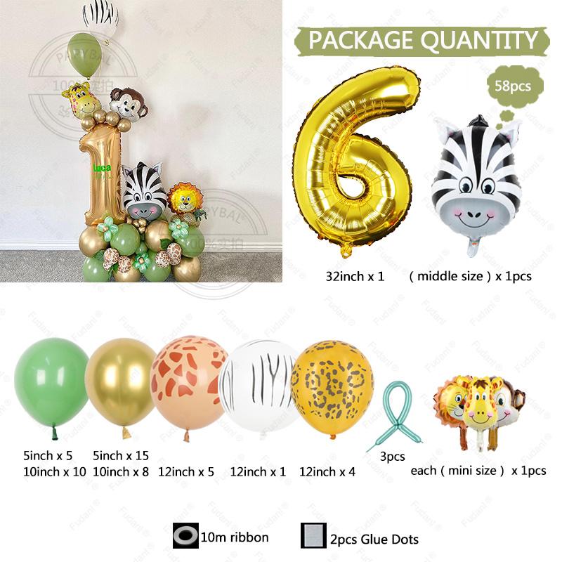 58pcs Wild Jungle Party Theme Gold Number 1-9 Balloon Garland Kit Birthday Baby Shower Gender Reveal Party Supplies Decorations