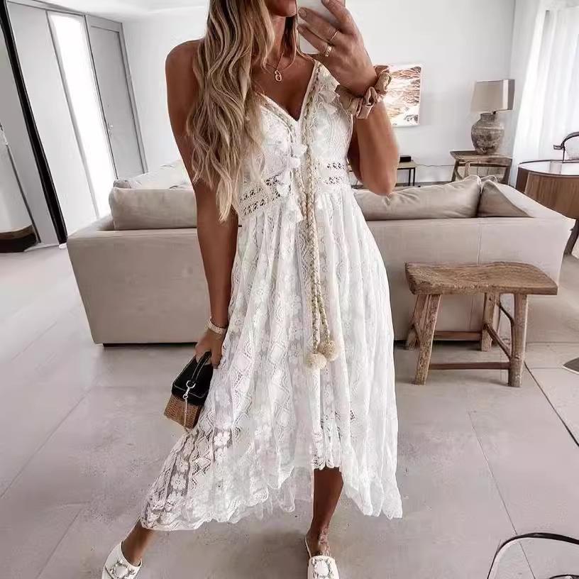 

White Lace Maxi Dress with Floral Embroidery and Fringe Detail, Elegant Spaghetti Strap Summer Dress XS білий
