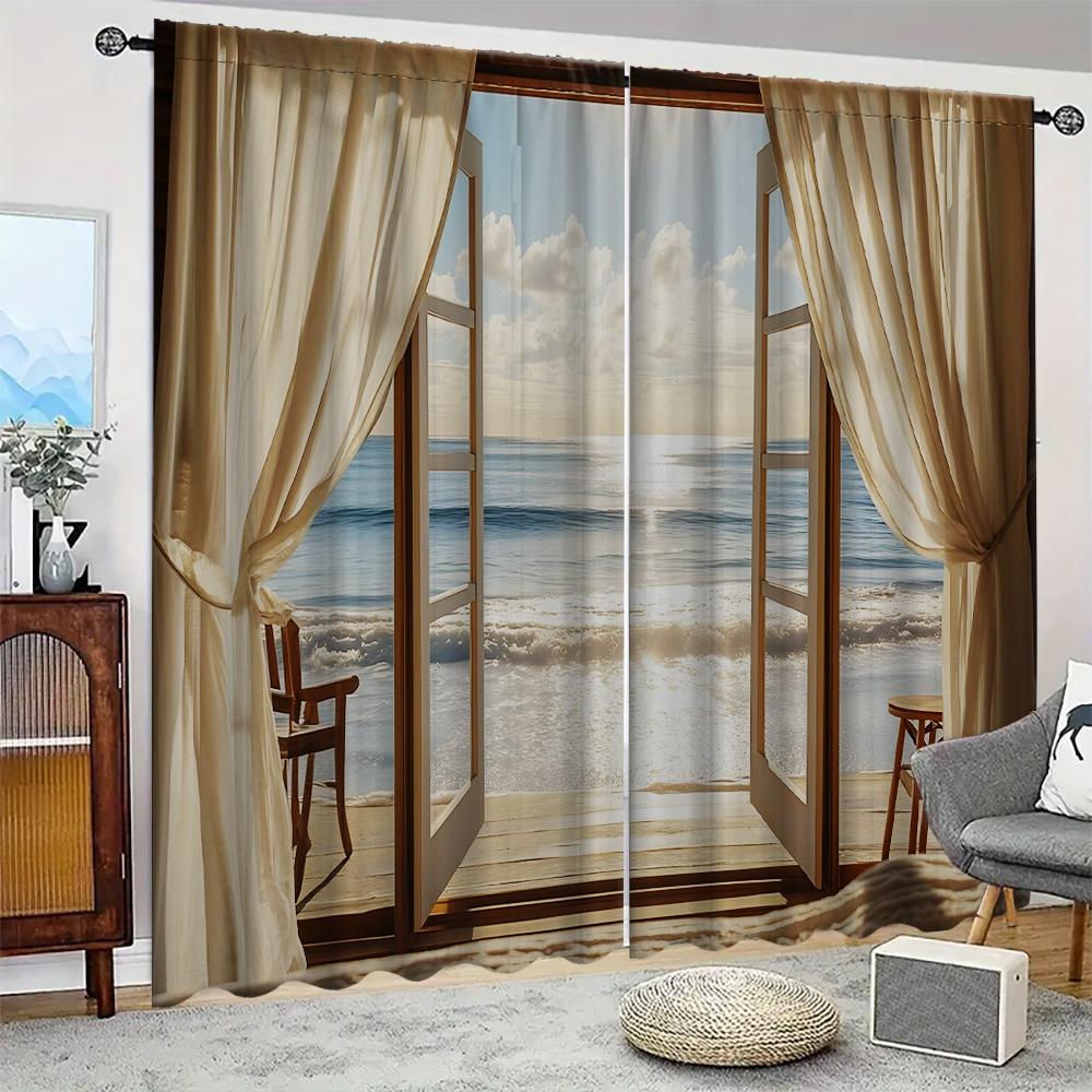 2PC Home Coconut Tree Sea View Curtains With Landscape Background And Pole Pocket Curtains, Kitchen, Coffee Shop, Living Room, B