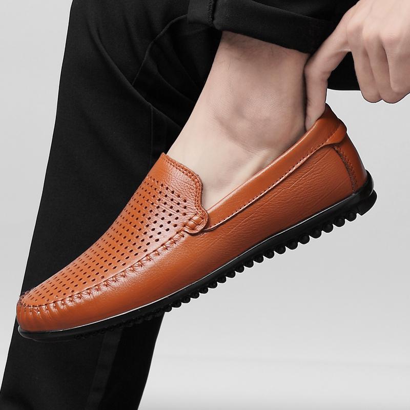 Fashion Summer Mens Loafers Breathable Lightweight Business Casual Shoes Fashion Genuine Leather Driving Shoes for Men Zapatos De Hombre