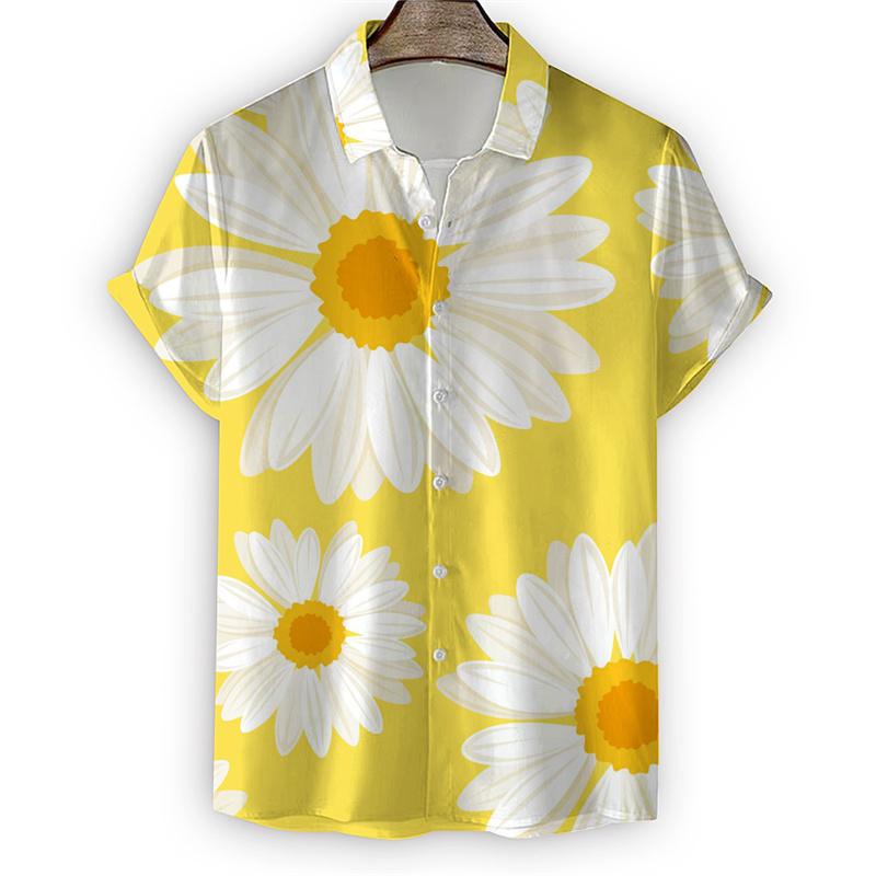 Nuova Camicia con Fiori di Margherita da Uomo Stampa 3D Manica Corta Maglietta Top Moda Estiva Harajuku Camicie Bottoni Street Camicetta con Collo a Revers