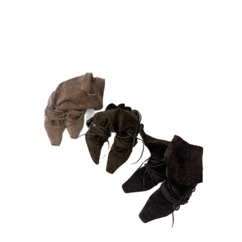 Sheepskin version retro western cowboy boots women's pointed suede thick heel short boots fringed high heel boots strap stacked boots