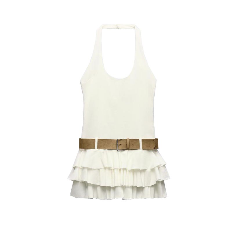 

Summer Wear New Arrival Sweet Elegance Halterneck round Neck Open Back with Belt Laminated Decoration Dress 8342309 Ground White L