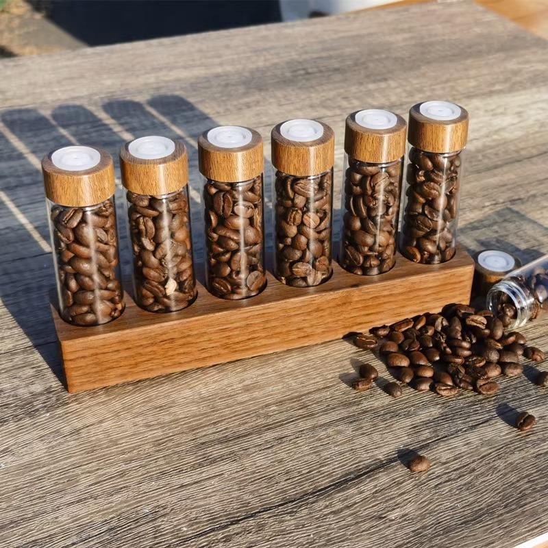Wooden Coffee Beans Flower Tea Display Rack Stand Glass Test Tube Sealed Storage Cereals canister