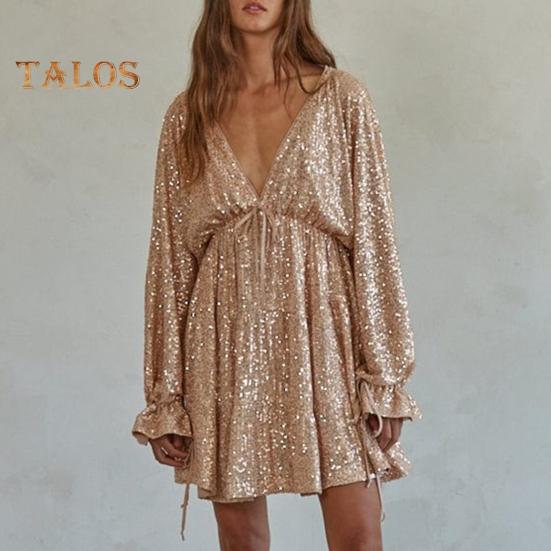 Lady Club Party Dress Deep V Neck Shimmering Sequin Loose Solid Color Long Sleeve Bow Lace-up Strap Slimming Look Mini Dress