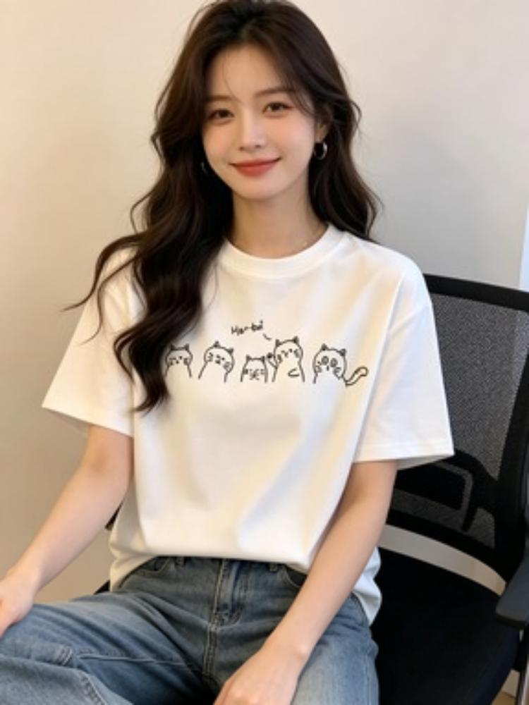 Minimalist Catface Print Tshirt Soft Everyday Casual Top Loosefit Crew Neck Short Sleeve Breathable Comfort Design