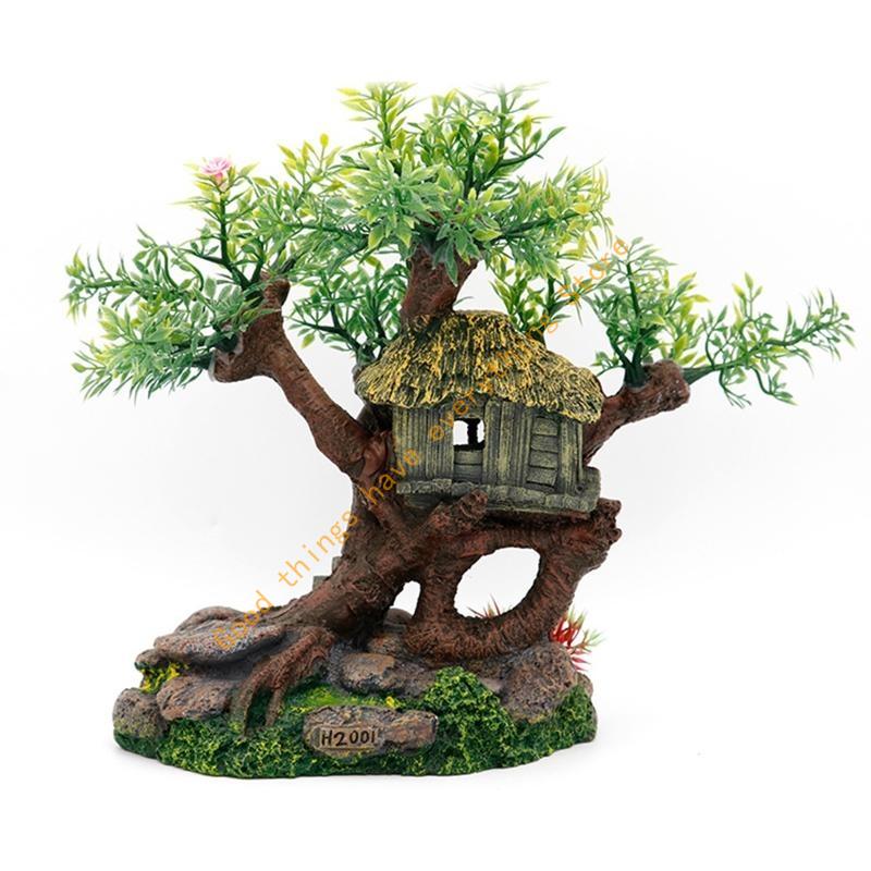 Aquarium Resin Tree House Decoration for Fish for Tank Hideout with Rock Grass 55KF