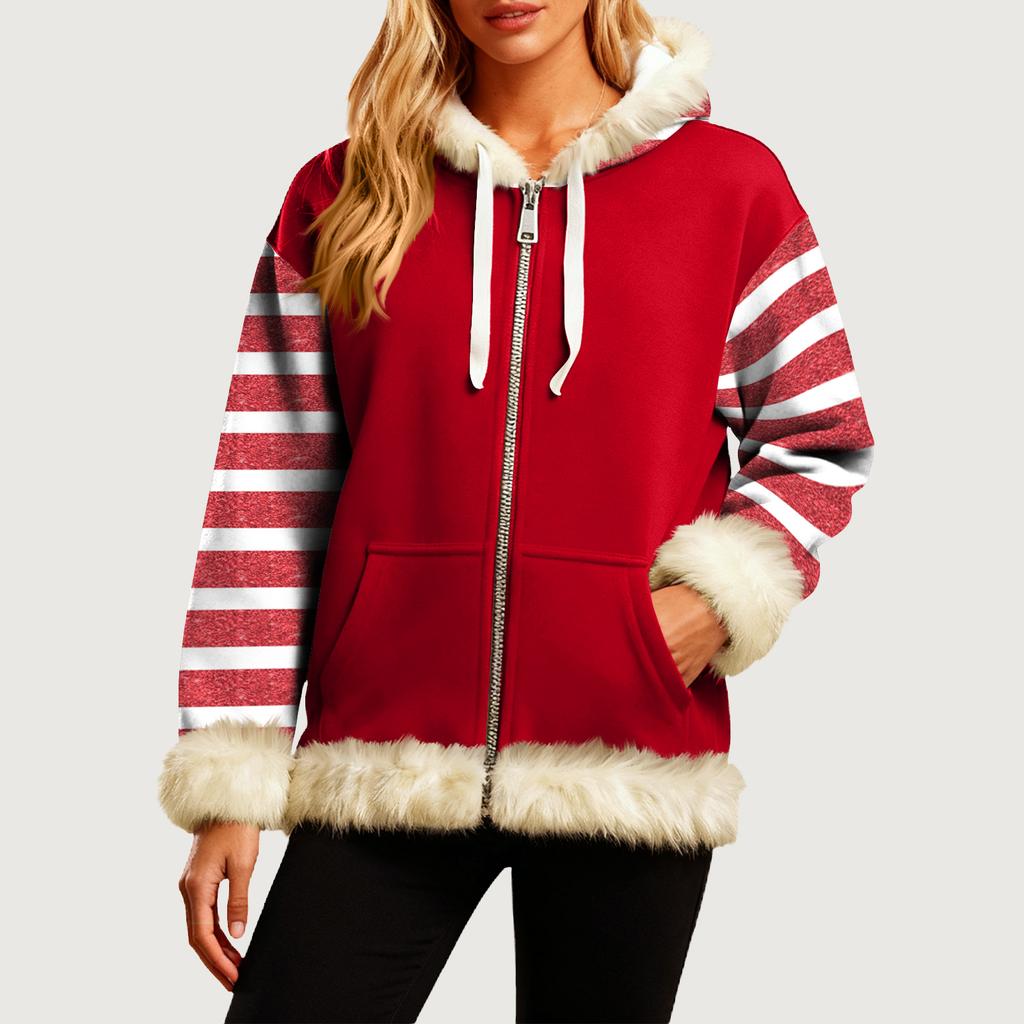 Women's Comfortable Loose Fashion Casual Striped Print Long Sleeve Pockets Hooded Sweatshirt Jacket