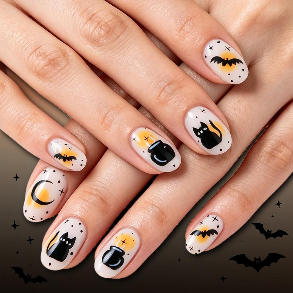 Glossy Black Cat & Bat Moon Halloween Nail Stickers – 24 Piece Set