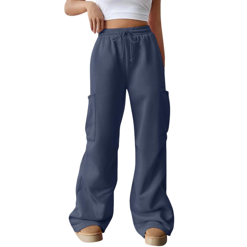 Women's Casual Fashion Solid Color Elastic Waist Drawstring Pocket Wide-Leg Straight-Cut Joggers