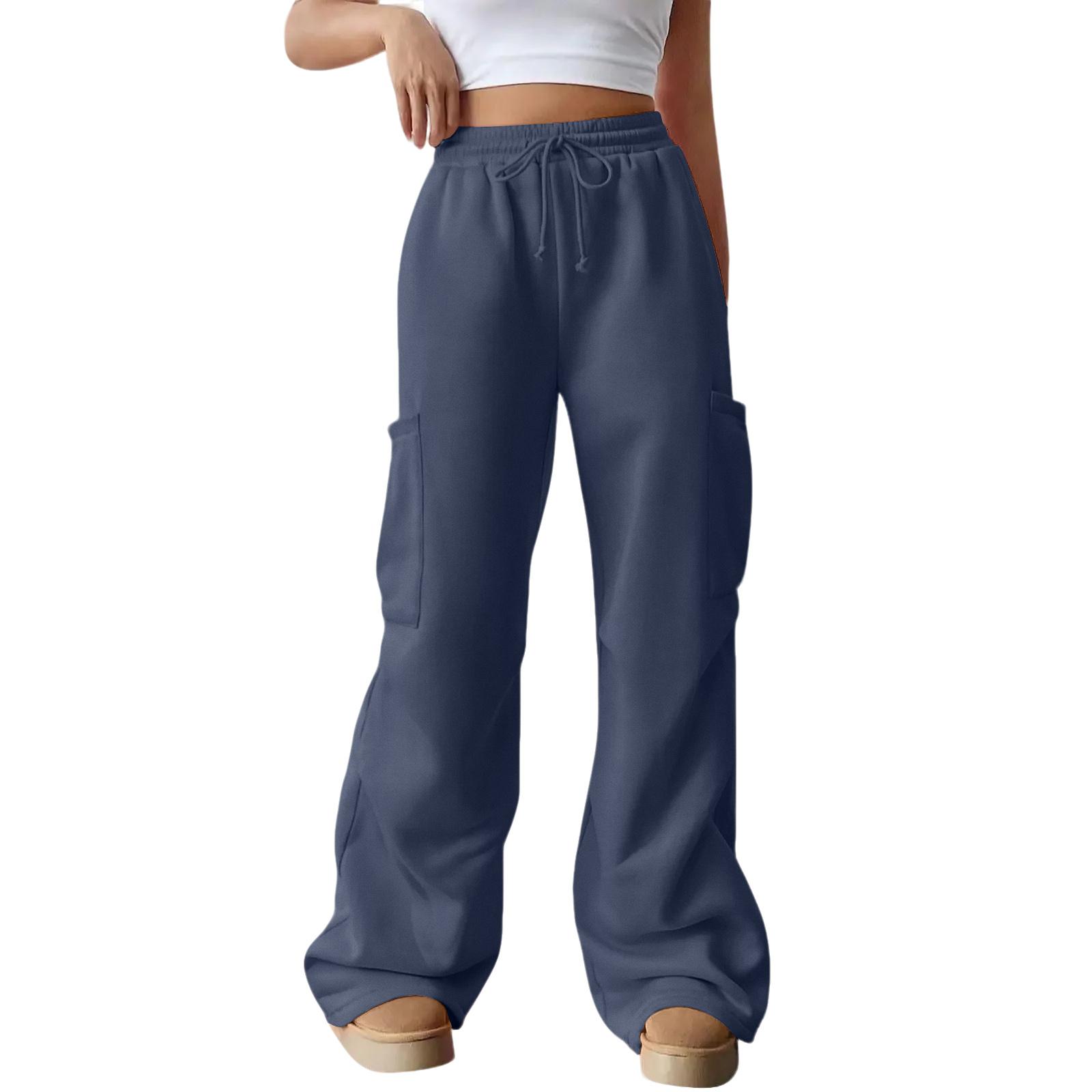 

Women s Casual Fashion Solid Color Elastic Waist Drawstring Pocket Wide-Leg Straight-Cut Joggers M тёмно-синий