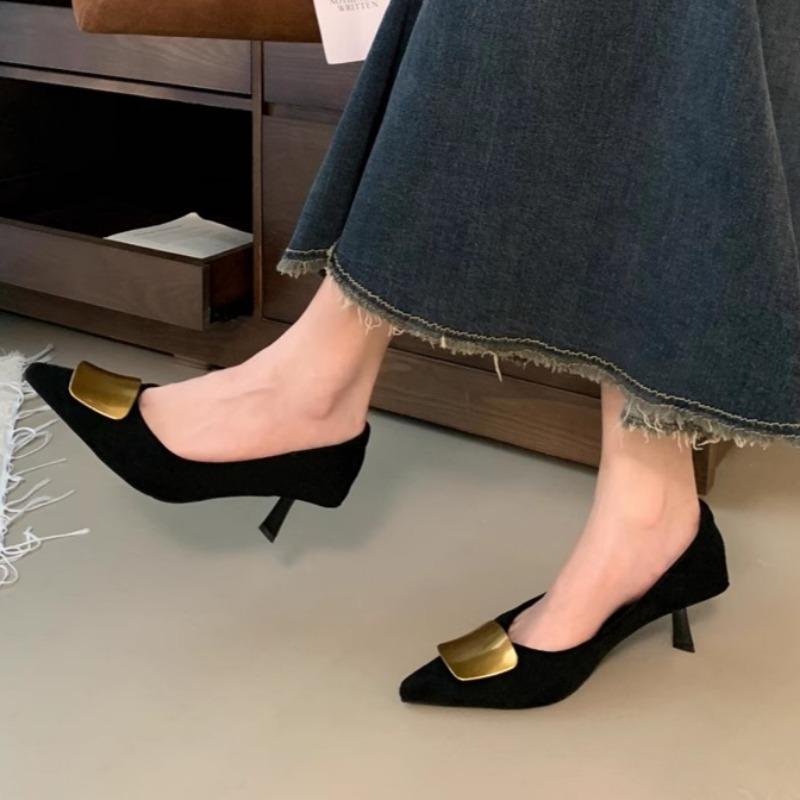 Fashion Autumn New Thin Heel Single Shoes Women's Fashion Pointed Shallow Mouth Suede Metal Buckle Non-slip High Heels