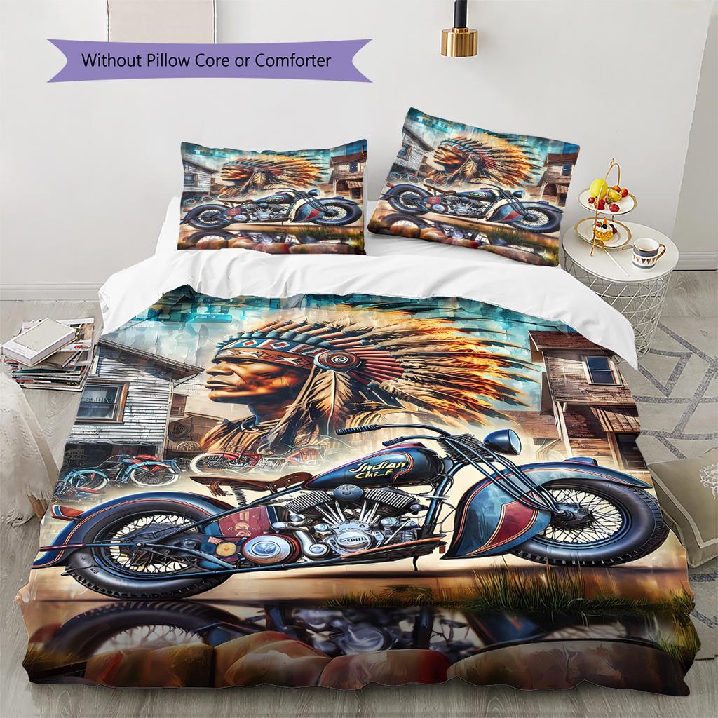 Indian Chiel Motor Pattern Bedding Quilt Set Quilt Cover Pillowcase Home Decoration Gift (1 * Duvet Cover + 2 * Pillowcase, Without Core)