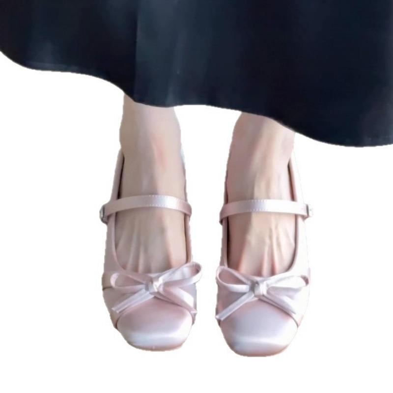 Inner height increase 7cm satin bow Mary Jane women's shoes high heel new thick heel single shoes ballet shoes