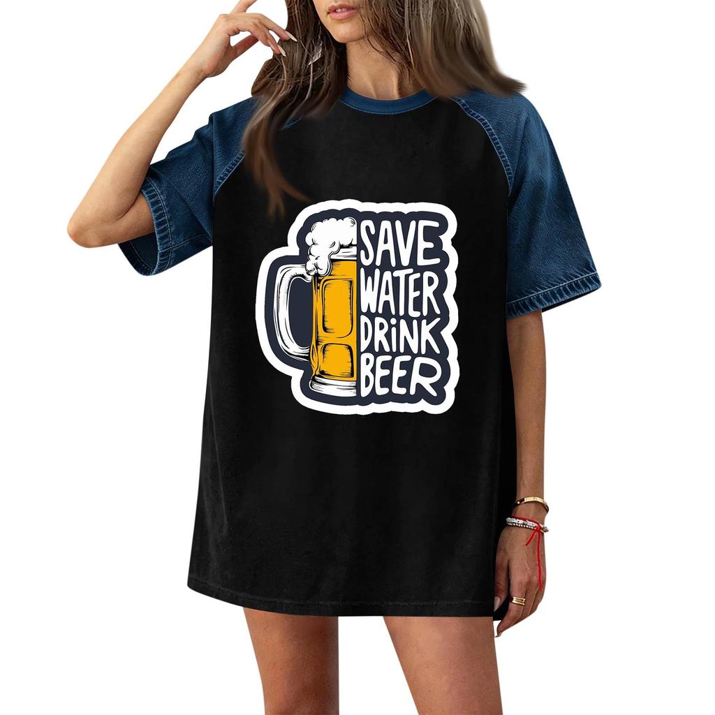 Casual Women Denim Patchwork Oktoberfest Graphic T Shirt Comfortable Short Sleeve Loose Fit Top for Daily Wear