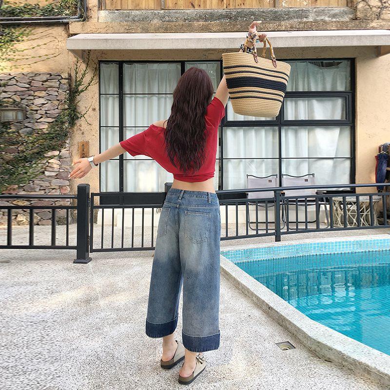Trendy Summer Vintage Wide Leg Loose Straight Slimming Cropped Capri Denim Pants For Women Versatile AllMatch Casual Capri Trousers
