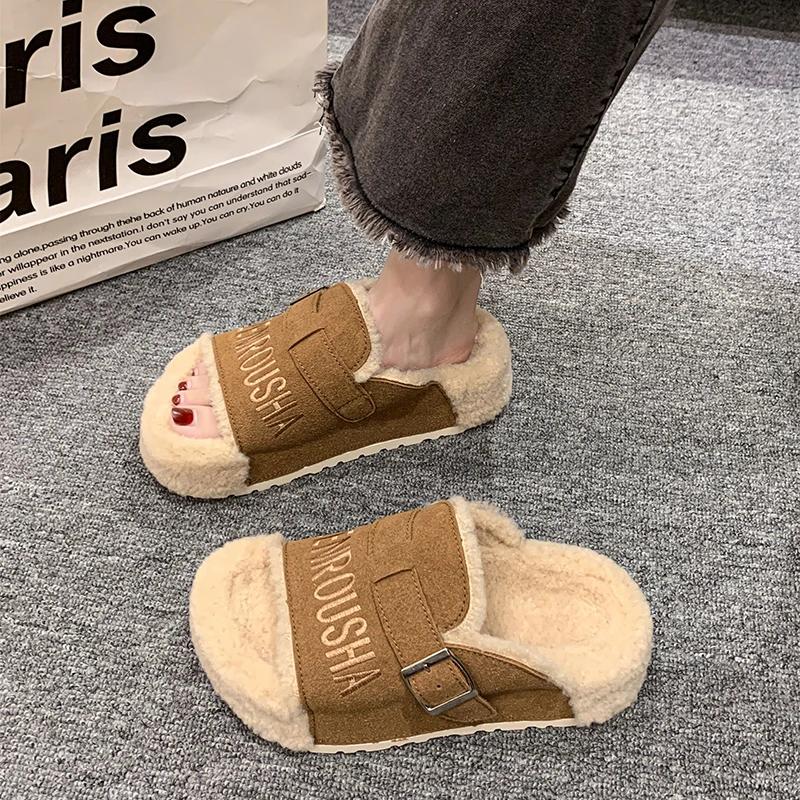 Fashion Women Fur Platform Slippers Suede Warm Flat Shoes Trend Winter New Flip Flops Casual Fashion Cotton Zapatillas Mujer Hot Selling