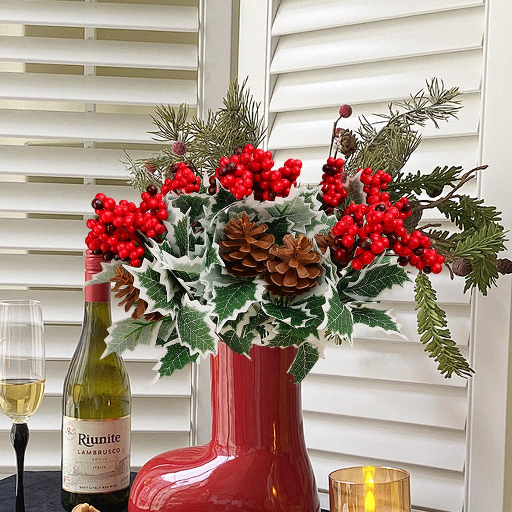 Christmas Red Fake Holly Berries Flower Artificial Berry Pine Cone Branch Xmas Tree Ornament DIY Garland Festival Party Decor
