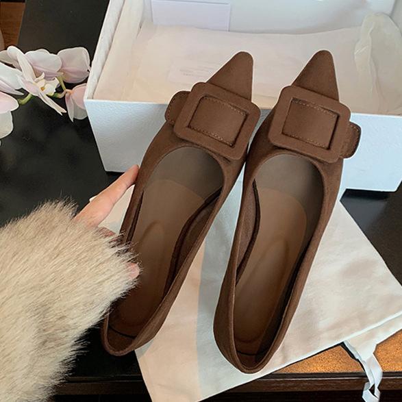 Sheepskin Version~ Temperament Small Pointed Square Buckle Leather Flats Versatile Light Mouth Leopard Print Shoes Single Shoes Women's New Ladyshoes