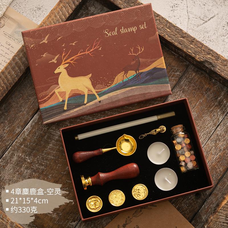 Wax Seal Stamp Kit Vintage Reindeer Gift Box Wax Furnace Seal Round Wax Set Wooden Handle Wax Seal Kit