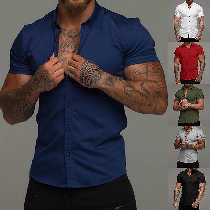Camicia da Uomo a Maniche Corte in Tinta Unita con Colletto a Revers - Vestibilità Muscolosa