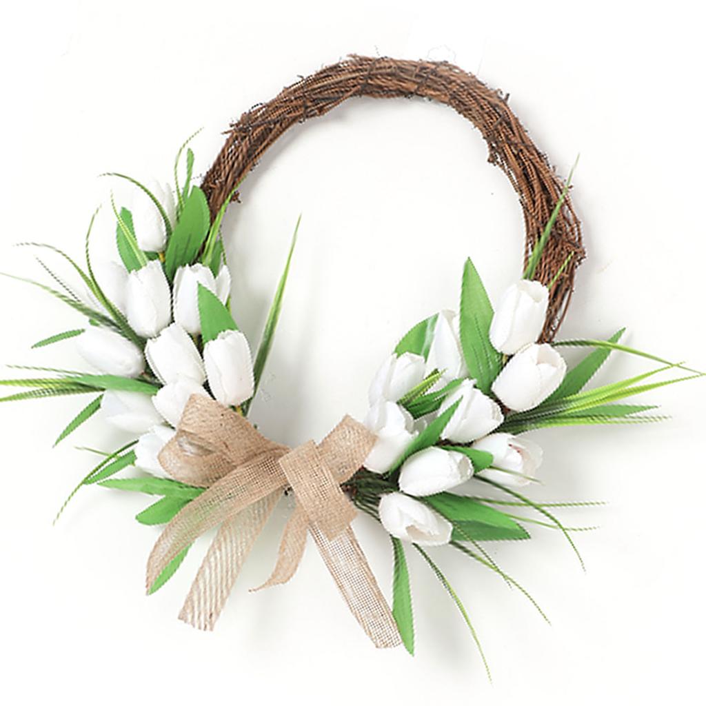 Front Door Wreath Hanging Decoration Simulated Flower Holiday Spring Home Decoration White with Rattan Hoop