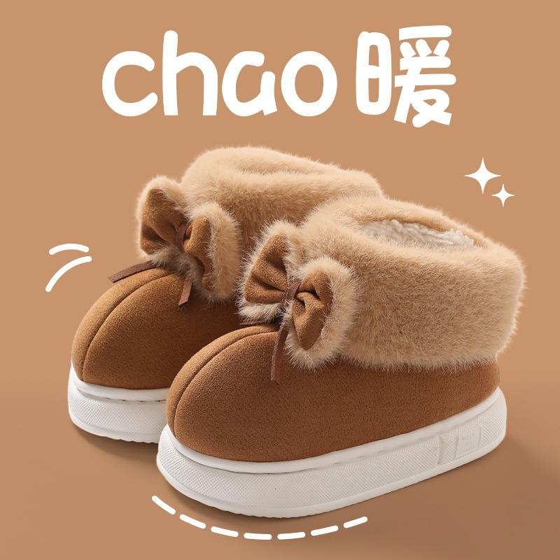 Podzimní a zimní dětské tašky a bavlněné pantofle pro chlapce a dívky, domácí teplé sametové protiskluzové s mašlí, bavlněné boty pro miminka, dámské