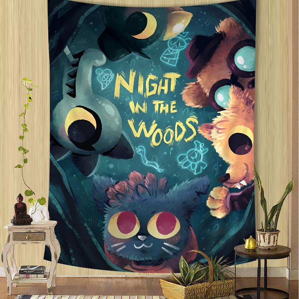 Night in the Woods Volle Charakter-Silhouette Wandteppich Farbverlauf-Hintergrund Gemütliche Zimmerdekoration für Indie-Spiel Nostalgische Fans