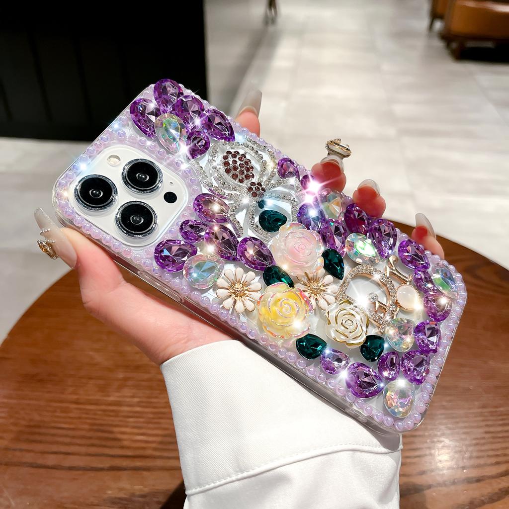 Suitable for IPhone16promax Mobile Phone Case Apple 15pro Full Diamond Spider Flower 16 Luxury Rhinestone Mobile Phone Case