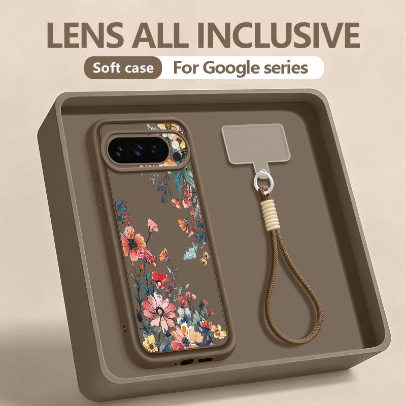 Butterfly Flowers Patterned Phone Case For Google Pixel 10 9 Pro XL 10 9 Pro Pixel 8A 7A 8 7 Pro 9A Soft Silicone Lanyard Cover