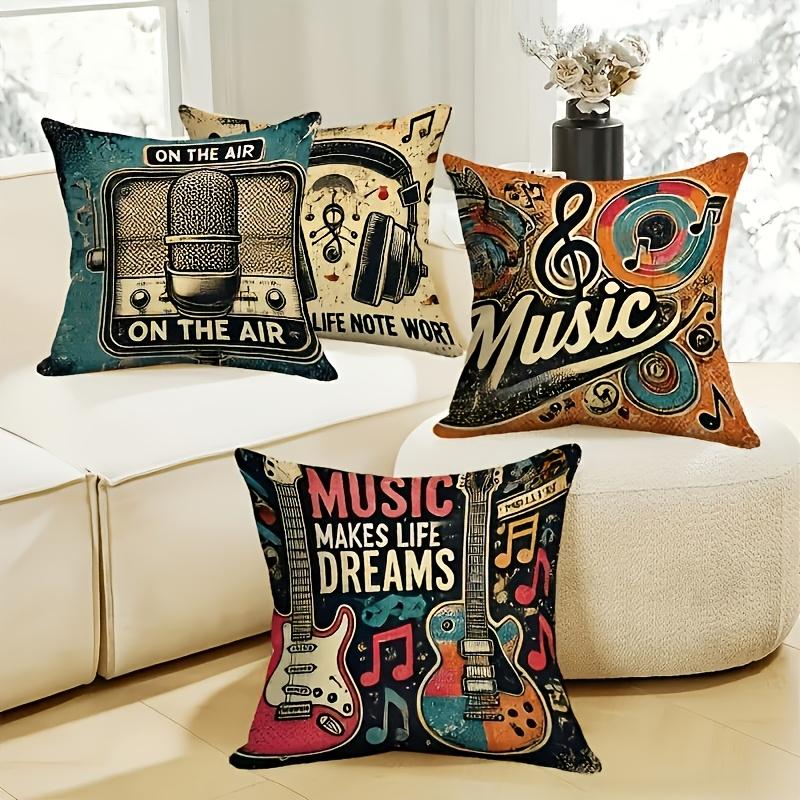 4pcs Retro Music Theme Pillow Covers Suitable for Living Room & Bedroom Decor, Double-Sided Square Cushion Covers with Guitar Headphone Microphone Pri
