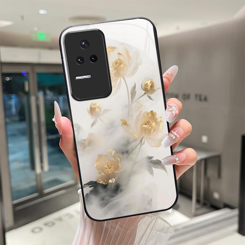 Beautiful Flower Cute Cats Case For Xiaomi Poco F4 5G / Redmi K40S Tempered Glass Phone Case Protective Back Cover Hard Shell