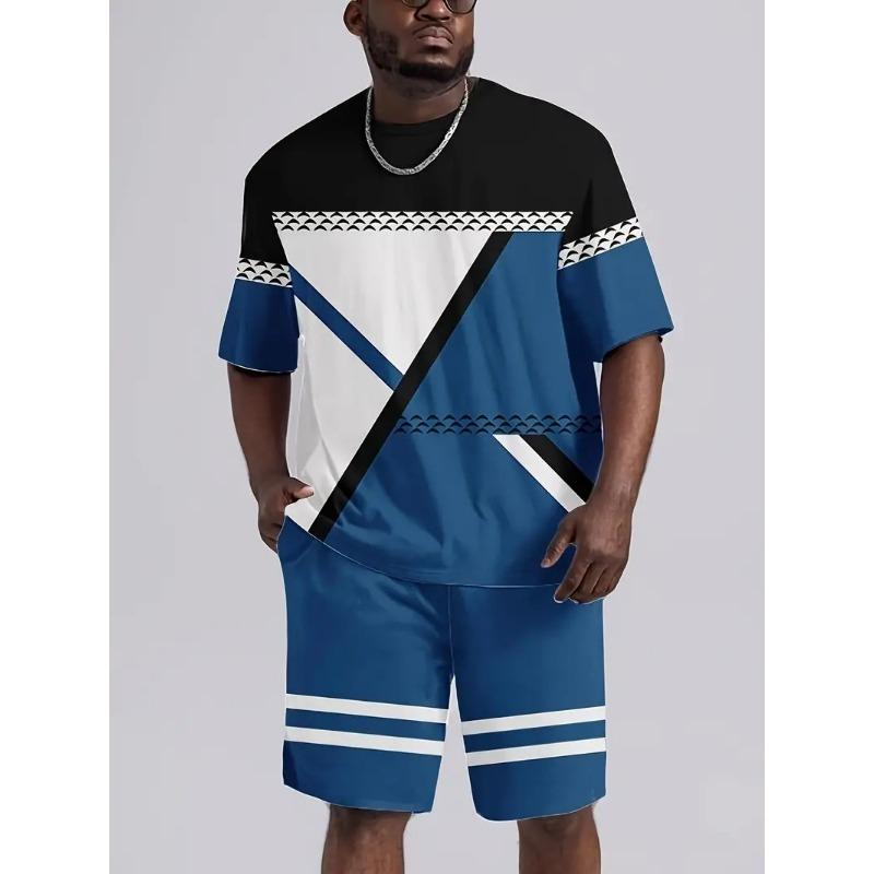 Men's Fashion Suit Harajuku Style Short-sleeved T-shirt + Shorts Two-piece Set Men's Trendy Sportswear Plus Size Casual Menswear