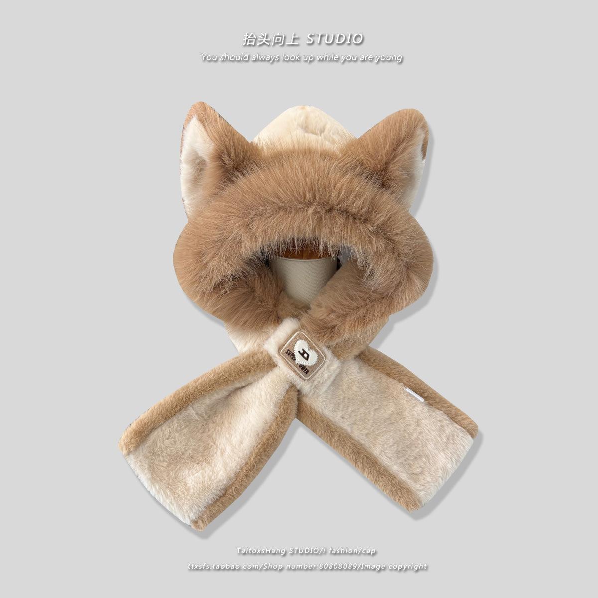 

Плюшевая шапка для женщин на зиму с лисьими ушками, милый шарф, интегрированная шапка, плюс бархат, теплая, ветрозащитная, для езды на открытом воздухе average size