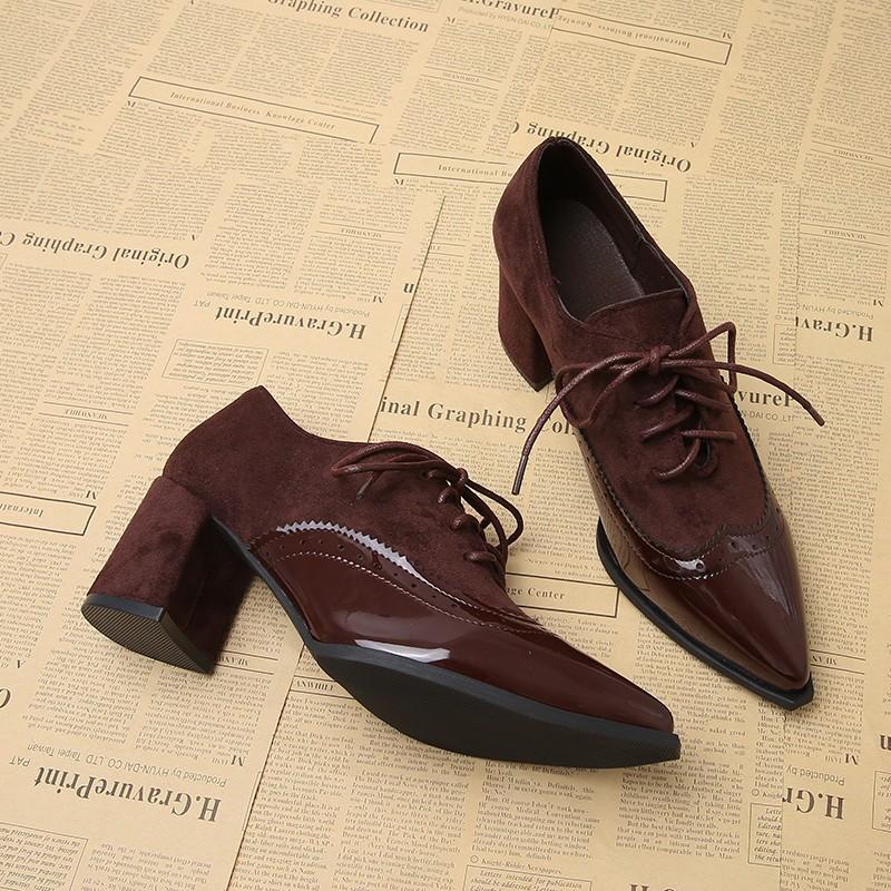 Fashion Wine Red Lace Up Women Pumps Heel Shoes Pointed Toe Office Concise Women Heels Flower Insole Shoes Large Size 42