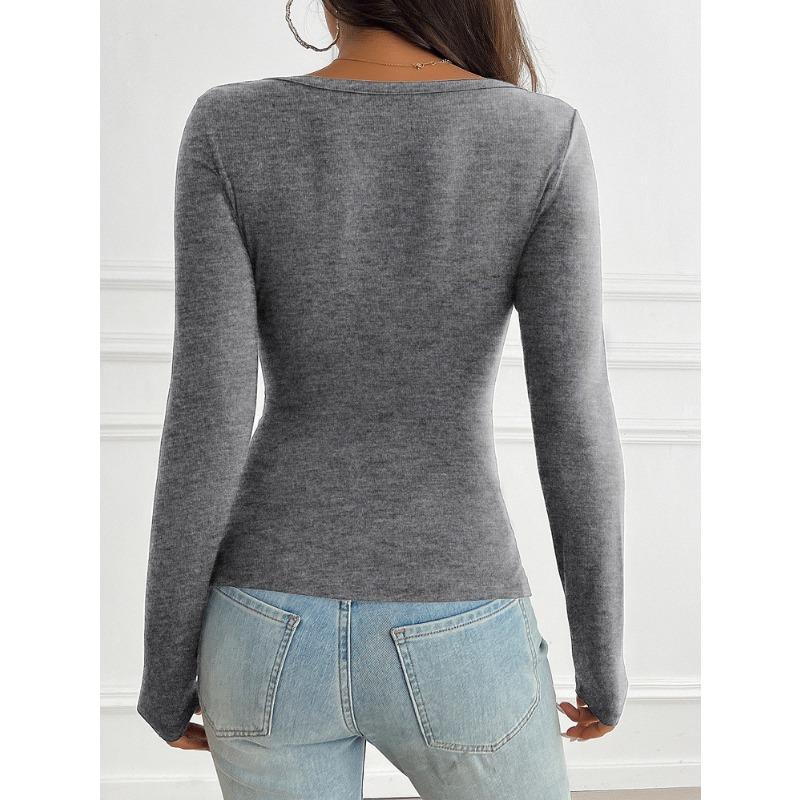 Spring Autumn Slim Fit V-neck Knitted T-shirt Women Buttons Long Sleeved Shirt Solid Color Simple Office Tops Elegant Fashion Casual Women's Clothing