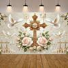 Elegant First Communion Golden Cross White Rose Banner Backdrop Children's Birthday Party Home Decoration Photography Backdrop