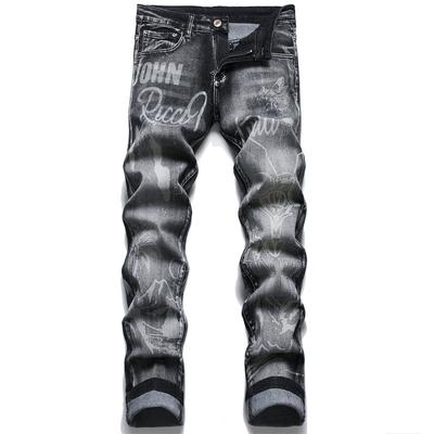European And American Style Slim Fit Elastic Jeans Fashionable High Street Printed Black Small Straight Leg Men'S Denim Pants