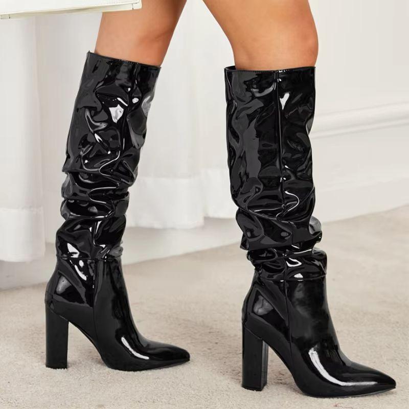 Fashion 2025 Patent Leather Pointed Chelsea Women Knee Long Boots Spring Autumn Fashion Pleated Solid Color Panel Thick Heel Boots