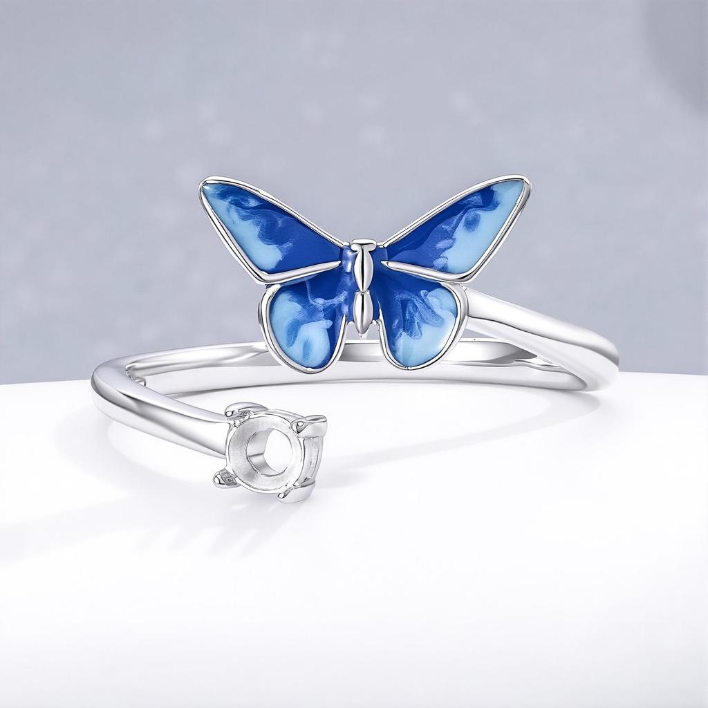 Sterling Silver Gradient Ice Blue Butterfly Enamel Rhinestone Ring, DIY