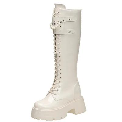 Fashion 8.5CM New Women Chunky Platform Knee-High Boots String Bead Punk Leather Long Boots Woman Heels Autumn Winter Motorcycle Booties
