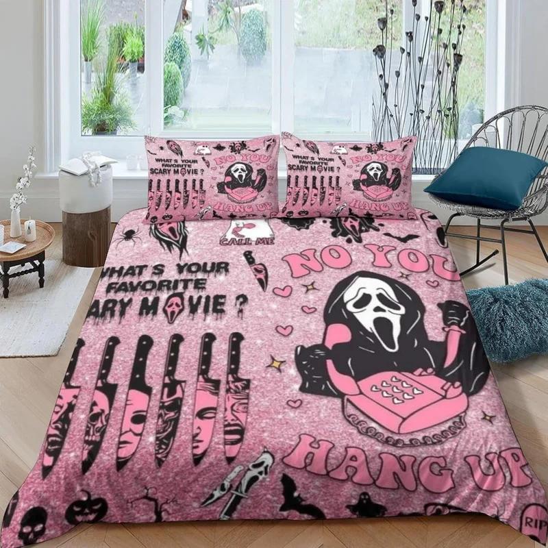 

Halloween Bedding Set 3/4-pcs Pink Cartoon Skeleton Duvet Set Funny Horror Ghost 2 pillowcases,1 bed sheet and 1 duvet cover US Twin(172x218cm)
